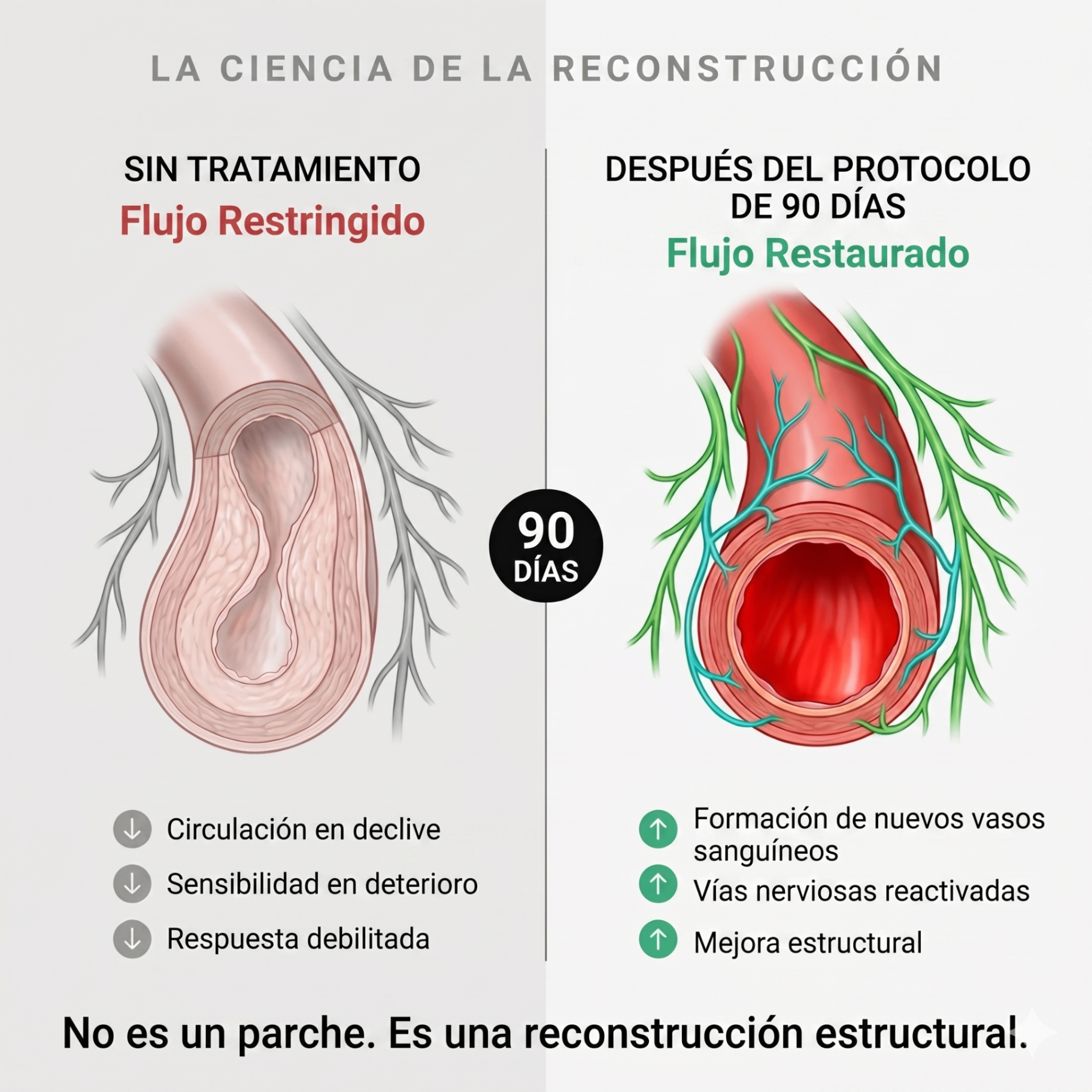 Comparación anatómica: flujo restringido vs flujo restaurado después de 90 días